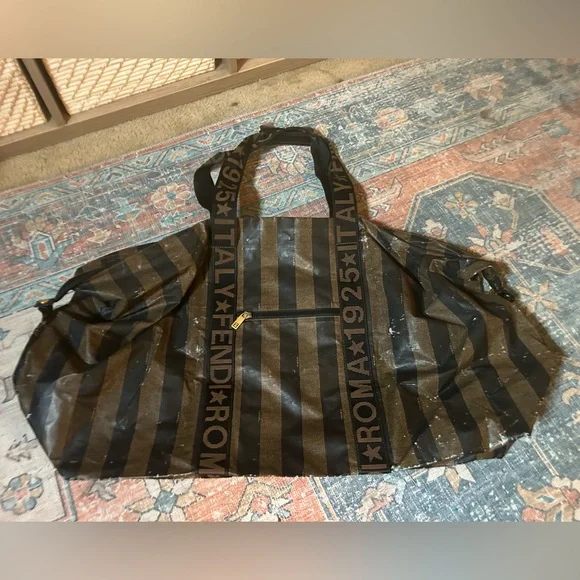 SOLD❤️ FENDI Roma Pequin Stripe Coated Canvas Duffle/ Travel/ Weekender Bag XL - Picture 12 of 13